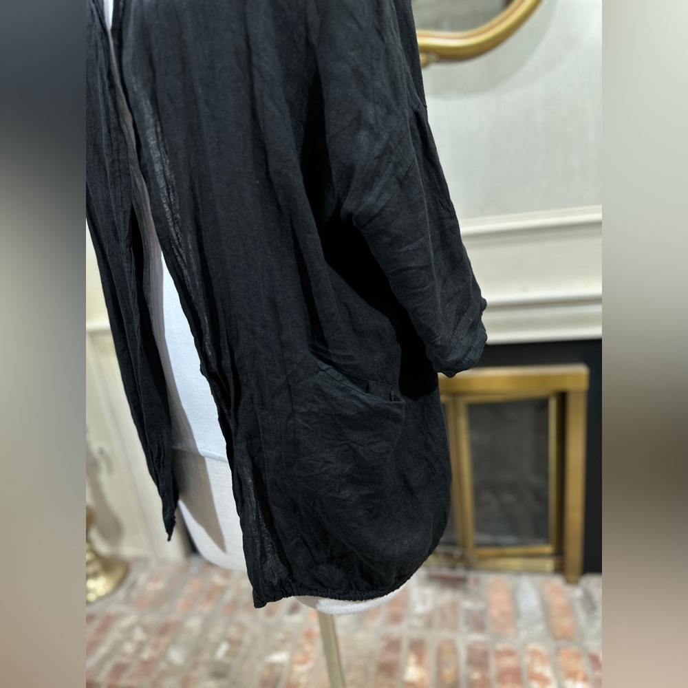 Gigi Moda Italy Linen Hooded Jacket Black Drawstring Hem Floral Back OS - Picture 4 of 15